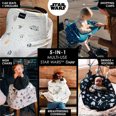 Milk Snob Star Wars™ Little Galaxy 5-in-1 cover displayed in various uses: car seat, high chair, breastfeeding, shopping cart, and swing.