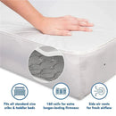 Deluxe coil crib mattress with a hand resting on its surface, highlighting 160 coils, side air vents, and compatibility with standard cribs.