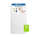 Deluxe coil dual-sided crib mattress by DaVinci, featuring a baby lying on it, with certification labels for safety.