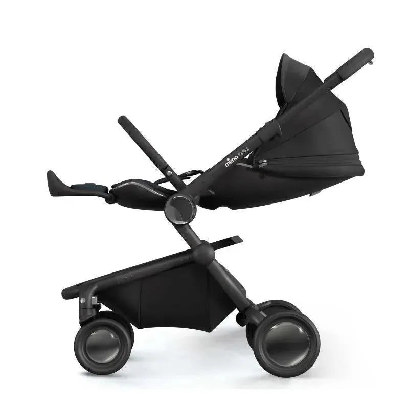 Mima Creo Single Stroller in black, featuring a reclining seat and smooth wheels for easy maneuverability.