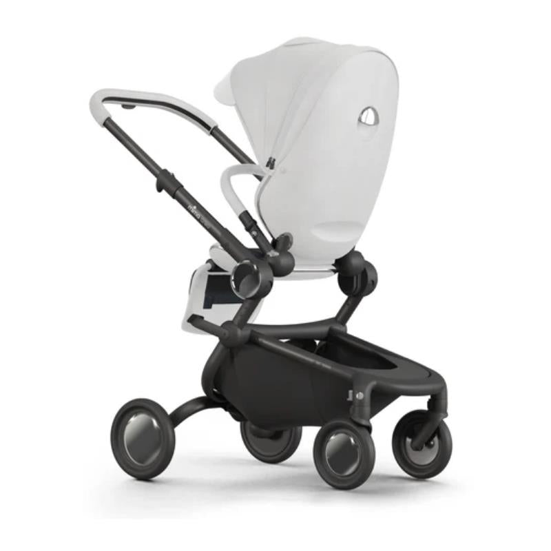 Single stroller with a white seat and black frame, featuring a large canopy, adjustable handle, and four wheels.
