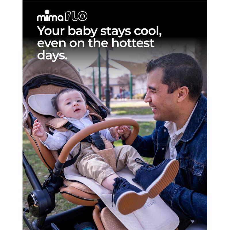 Mima Flo Baby Cooling Seat Liner in Donut Beige, featuring a baby comfortably seated in a stroller on a sunny day.
