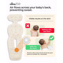 Mima Flo Baby Cooling Seat Liner in Donut Beige with airflow benefits, displaying baby’s dry back versus wet back images.