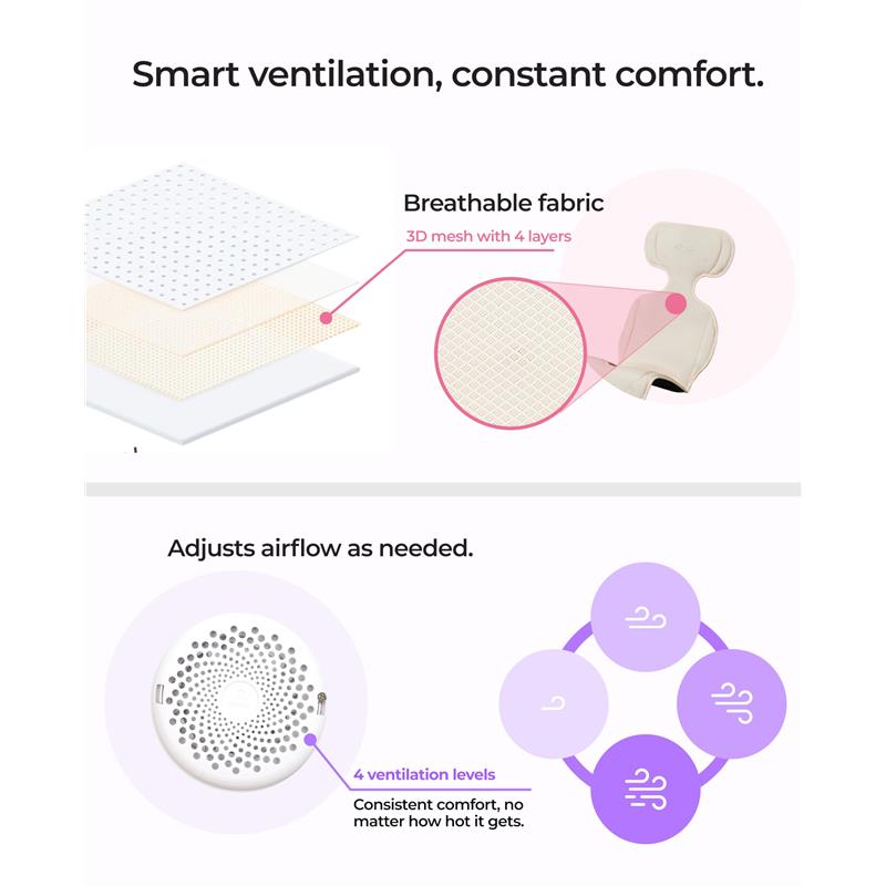 Mima Flo Baby Cooling Seat Liner in Donut Beige with breathable 3D mesh fabric, showcasing adjustable airflow and ventilation levels.