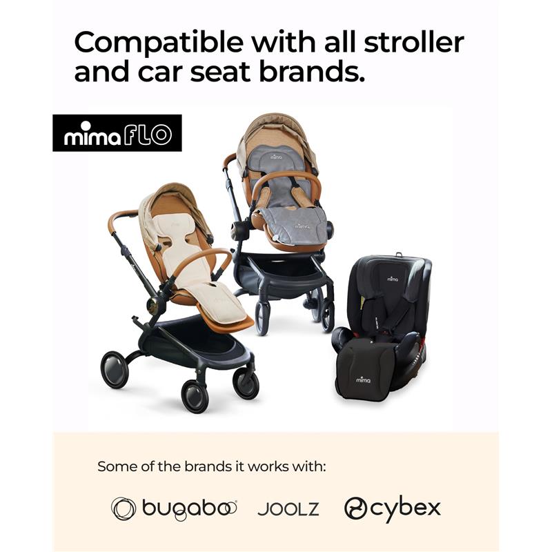 Mima Flo Baby Cooling Seat Liner in Donut Beige, suitable for all stroller and car seat brands, displayed with compatible models.