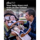 Mima Flo baby cooling seat liner in use with a smiling baby in a stroller, father engaging with child outdoors.
