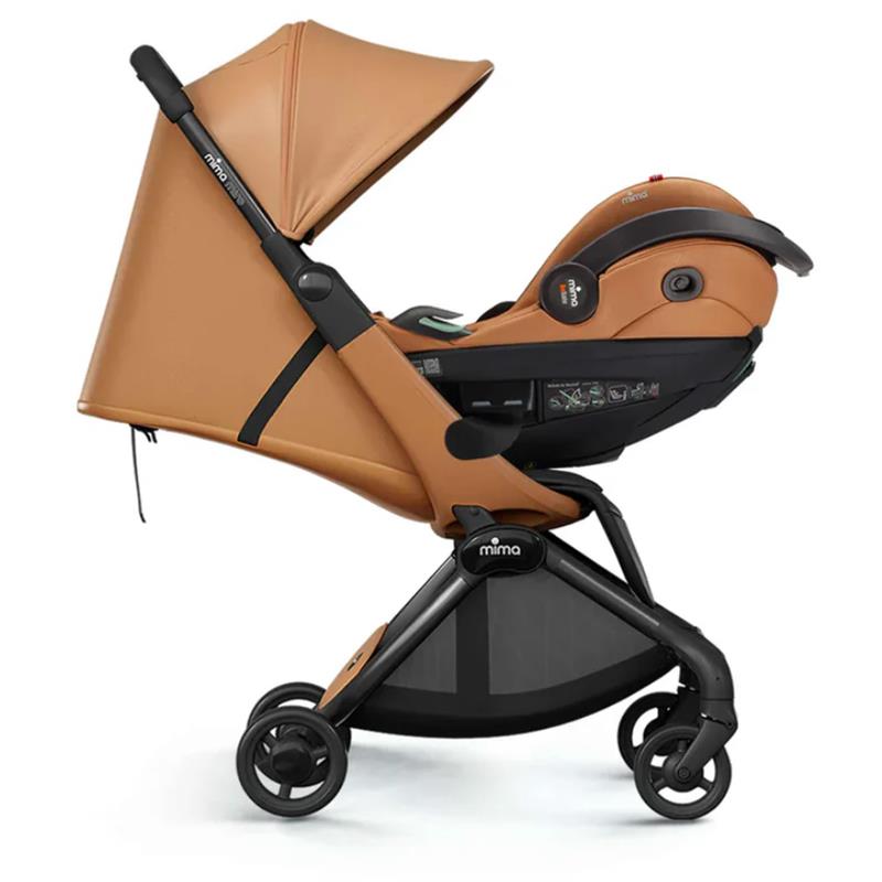 Mima Miro car seat adapter set attached to a stroller, featuring a brown canopy, sleek design, and black wheels.