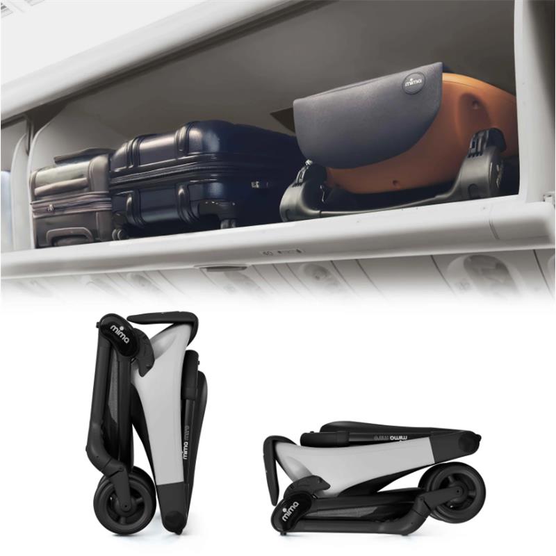 Mima Miro Compact Stroller with a black chassis and white seat, folded and displayed alongside luggage in an overhead compartment.
