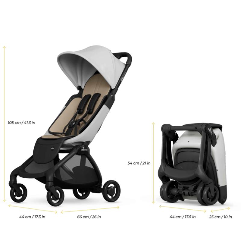 Mima Miro Compact Stroller with a black chassis and white seat, displayed upright and folded, with dimensions shown.