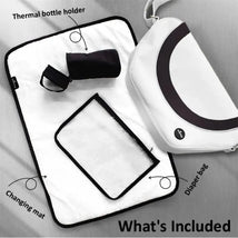 Trendy black Mima diaper bag with included changing mat and thermal bottle holder, displayed on a light background.