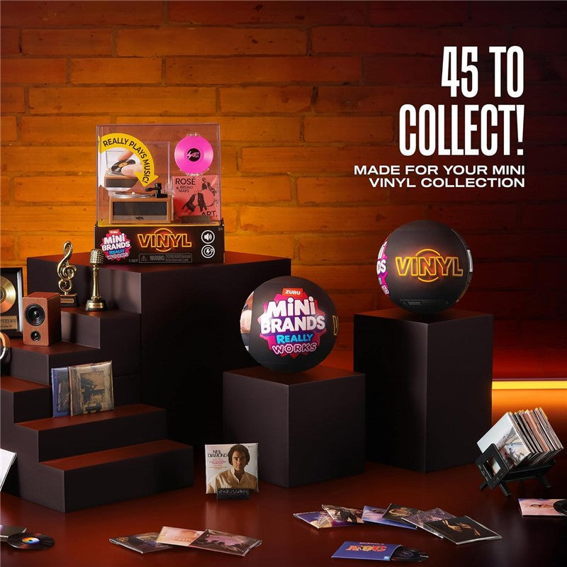 Mini Brands Really Works Vinyl Playset by ZURU featuring a miniature record player, vinyl records, and collectible packaging.
