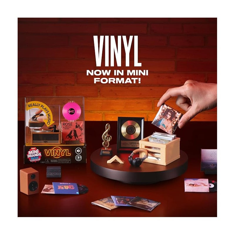 Mini Brands Really Works Vinyl Playset Series 1 by ZURU featuring mini records, a turntable, and music accessories on a display.