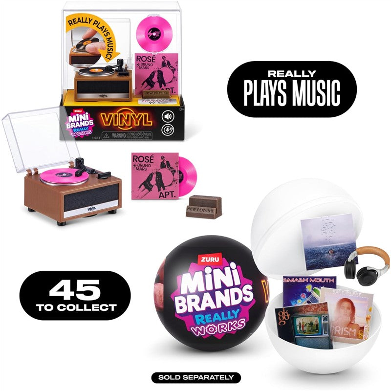 Mini Brands Really Works Vinyl Playset by ZURU features a working turntable with a pink record, packaging, and collectible music-themed items.