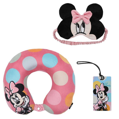 Minnie Mouse kids travel set including a pink neck pillow with polka dots, a sleep mask, and a luggage tag.