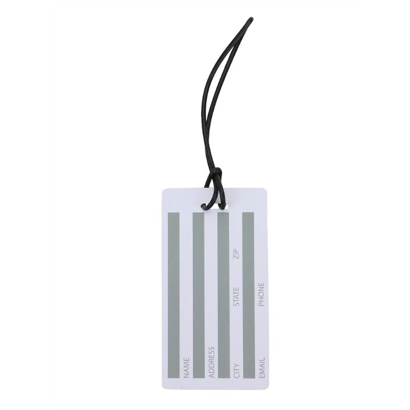 Luggage tag with sections for name, address, state, zip, city, phone, and email, attached with a black strap.