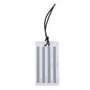 Luggage tag with sections for name, address, state, zip, city, phone, and email, attached with a black strap.