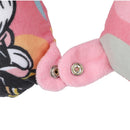Minnie Mouse kids travel neck pillow featuring pink fabric, button closures, and colorful character design.