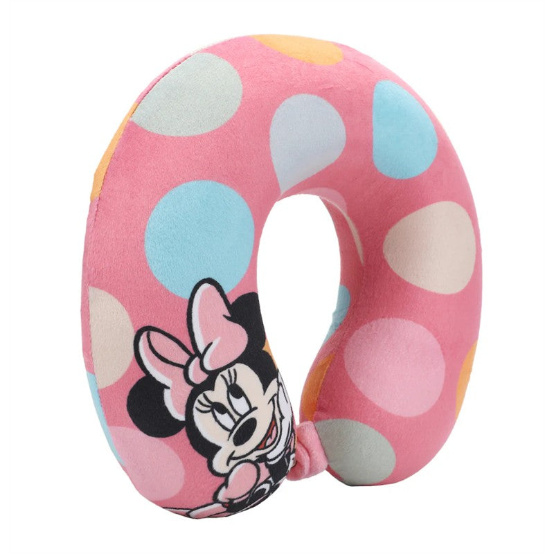 Minnie Mouse kids travel neck pillow featuring a pink design with colorful polka dots and a Minnie Mouse character print.