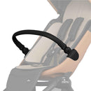 Black Miro Bumper Bar designed for a stroller, featuring smooth curves and secure attachment points.