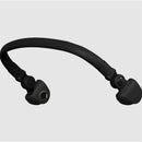 Wireless black earphones with an adjustable neckband and ergonomic ear tips for comfort and stability.