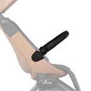 Black Miro Bumper Bar attached to a stroller seat, providing safety and support for a child.