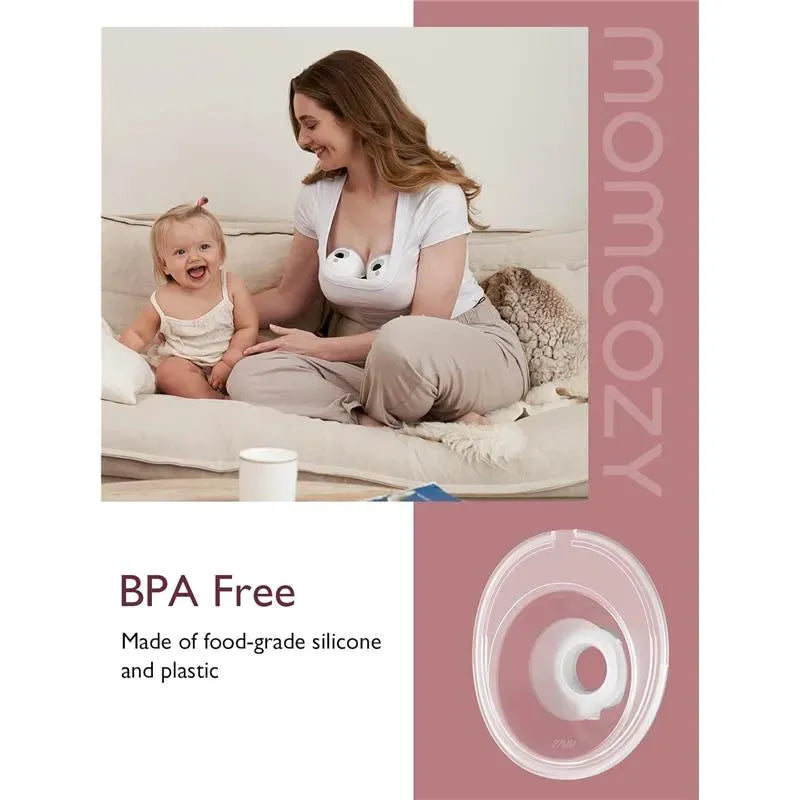 Momcozy 24mm flange for M5 wearable pump, BPA free, made of food-grade silicone and plastic, featured with mother and child.