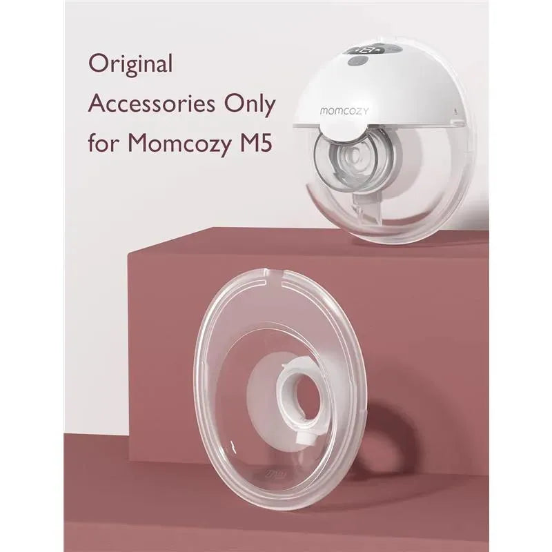 27mm flange for the Momcozy M5 wearable pump, placed on a maroon background with branding and usage instructions visible.