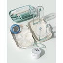 Momcozy 7 In 1 Bottle Cleaning Tool with various cleaning attachments, drying rack, and storage container in pastel colors.