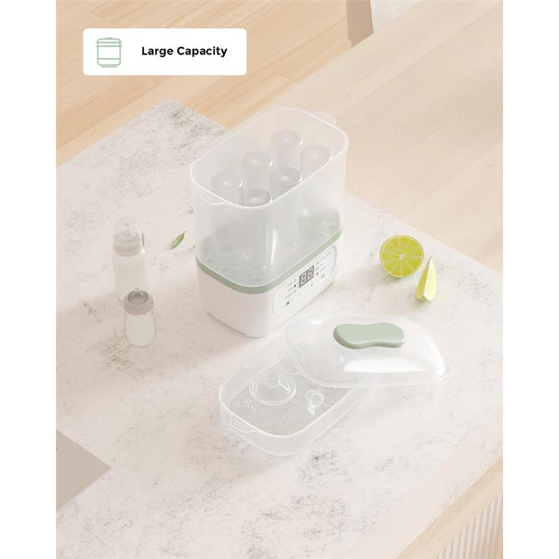 Momcozy 8-in-1 Baby Bottle Steam Sterilizer with large capacity and multiple bottles displayed on a countertop.