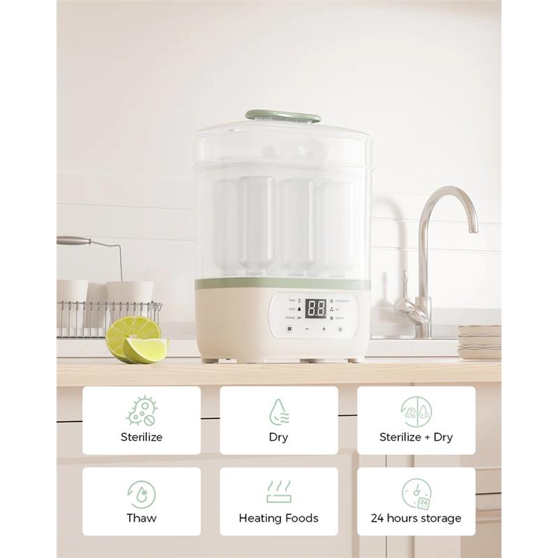 Momcozy 8-in-1 Baby Bottle Steam Sterilizer on a kitchen counter, with a digital display and icons for various functions.