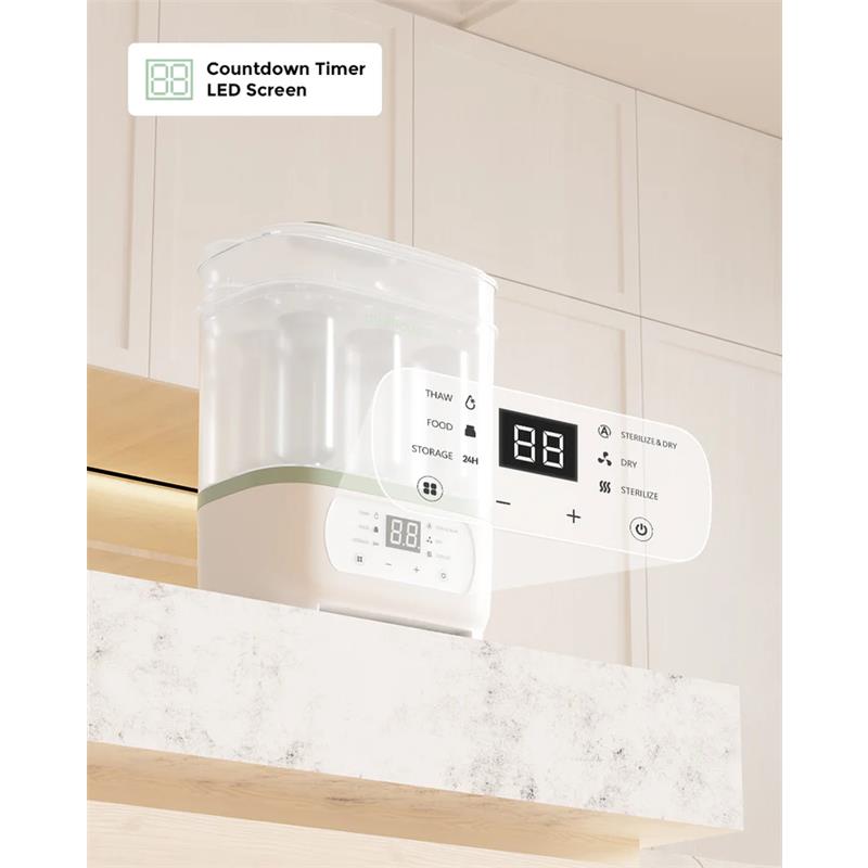 Momcozy 8-in-1 Baby Bottle Steam Sterilizer on a countertop, featuring an LED screen with countdown timer and control buttons.