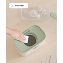 Momcozy 8-in-1 Baby Bottle Steam Sterilizer with a hand wiping the interior, featuring a green lid and digital display.