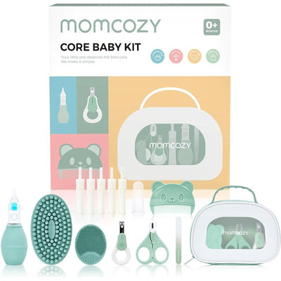 Momcozy All-in-1 Core Baby Kit with infant care tools including a thermometer, brush, nail clippers, and more, in a mint-green color.