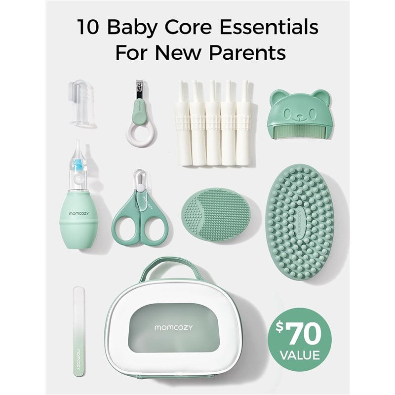 Momcozy All-in-1 Core Baby Kit with ten essentials including scissors, nail clippers, a comb, and a case, worth $70.
