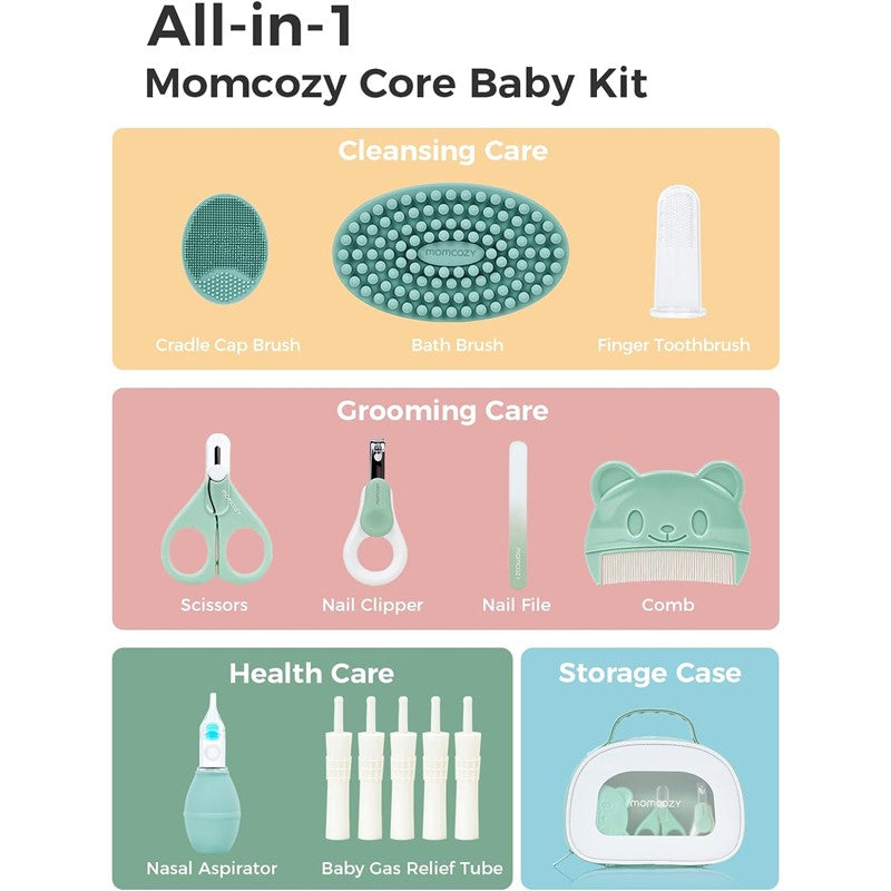 All-in-1 Momcozy Core Baby Kit featuring cleansing, grooming, and health care items, including brushes, scissors, and a storage case.