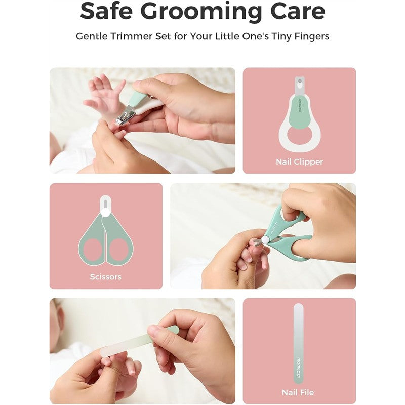 Momcozy All-in-1 Core Baby Kit, featuring safe grooming tools: nail clipper, scissors, and nail file for gentle use on infants.