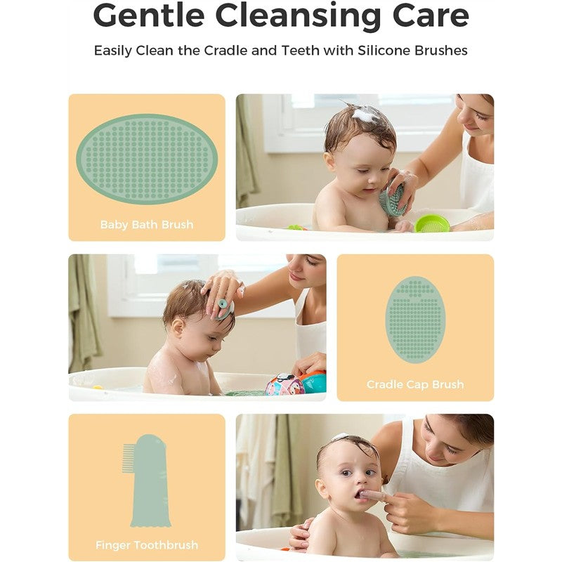 Momcozy All-in-1 Core Baby Kit featuring baby cleansing brushes, including a bath brush and finger toothbrush, used by a caregiver with a child.