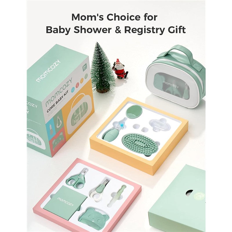 Momcozy All-in-1 Core Baby Kit displayed with a green carrying case, assorted baby care tools, and festive decorations.