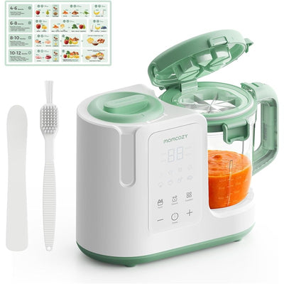 Momcozy Automeal Baby Food Maker with a green lid, showing pureed orange food in a transparent container, includes accessories.