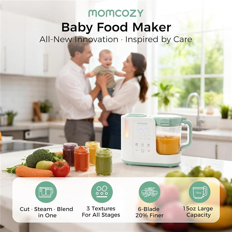 Momcozy Automeal Baby Food Maker on a kitchen counter with jars of pureed food and fresh vegetables nearby, highlighting its features.
