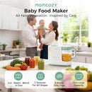 Momcozy Automeal Baby Food Maker on a kitchen counter with jars of pureed food and fresh vegetables nearby, highlighting its features.