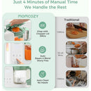 Momcozy Automeal Baby Food Maker showing features like chopping, auto steam and blend, and auto-clean with time comparisons.