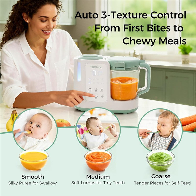 Momcozy Automeal Baby Food Maker with controls, showcasing smooth, medium, and coarse food textures for infants.