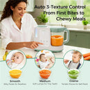 Momcozy Automeal Baby Food Maker with controls, showcasing smooth, medium, and coarse food textures for infants.