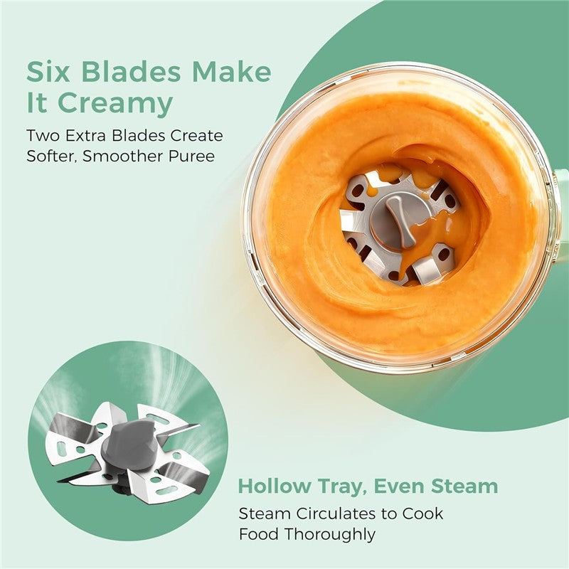 Momcozy Automeal Baby Food Maker displaying creamy puree with six blades for smooth texture and a hollow tray for even steaming.