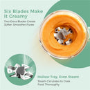 Momcozy Automeal Baby Food Maker displaying creamy puree with six blades for smooth texture and a hollow tray for even steaming.