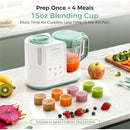 Momcozy Automeal Baby Food Maker with 15oz blending cup, jars of baby food, and fresh fruits and vegetables on a countertop.
