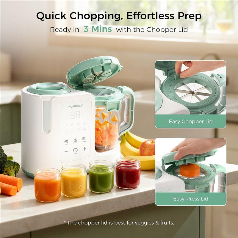 Momcozy Automeal Baby Food Maker with a chopper lid, surrounded by jars of baby food and fresh fruits, showcasing quick prep features.