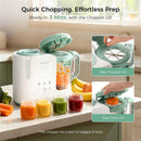Momcozy Automeal Baby Food Maker with a chopper lid, surrounded by jars of baby food and fresh fruits, showcasing quick prep features.