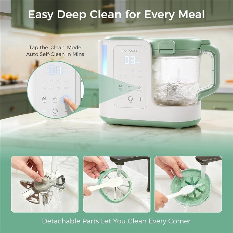 Momcozy Automeal Baby Food Maker showing control panel and detachable parts for easy cleaning under running water.